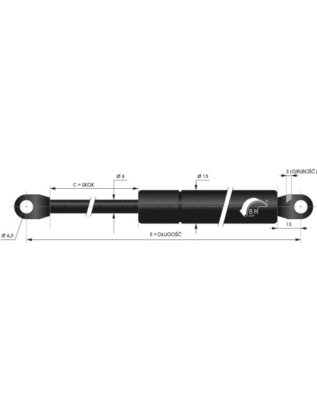 Sprężyna gazowa pchająca 6/15 z uchem 50N, skok 20 mm, długość 94 mm | Mechanika Przemysłowa | Sklep Eshop Dopak
