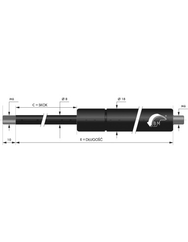 Sprężyna gazowa pchająca 8/18 z gwintem M6 200N, skok 80 mm, długość 205 mm | Mechanika Przemysłowa | Sklep Eshop Dopak