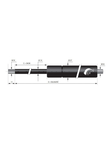 Sprężyna gazowa pchająca 14/27 z gwintem M10 1800N, skok 200 mm, długość 455 mm | Mechanika Przemysłowa | Sklep Eshop Dopak