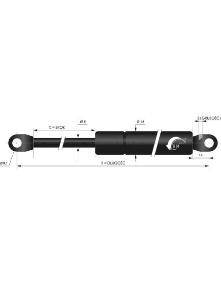 Sprężyna gazowa pchająca 8/18 z uchem 300N, skok 200 mm, długość 485 mm | Mechanika Przemysłowa | Sklep Eshop Dopak