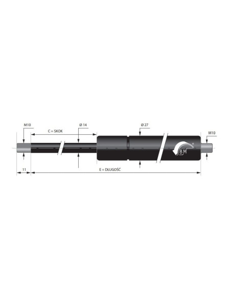 Sprężyna gazowa pchająca 14/27 z gwintem M10 1200N, skok 300 mm, długość 655 mm | Mechanika Przemysłowa | Sklep Eshop Dopak