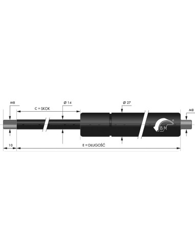 Sprężyna gazowa pchająca 14/27 z gwintem M8 2000N,skok 300 mm, długość 655 mm | Mechanika Przemysłowa | Sklep Eshop Dopak