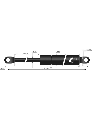 Sprężyna gazowa pchająca 10/21 z uchem 600N, skok 300 mm, długość 685 mm | Mechanika Przemysłowa | Sklep Eshop Dopak