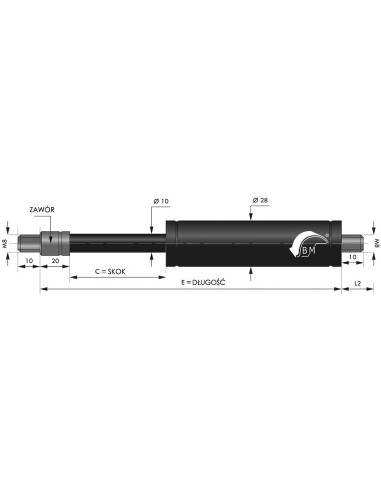 Sprężyna gazowa ciągnąca 10/28 z gwintem M8 1200N, skok 150 mm, długość 400 mm | Mechanika Przemysłowa | Sklep Eshop Dopak