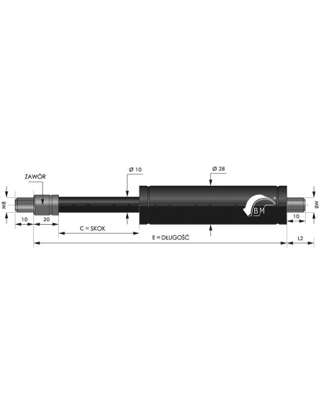 Sprężyna gazowa ciągnąca 10/28 z gwintem M8 520N, skok 350 mm, długość 800 mm | Mechanika Przemysłowa | Sklep Eshop Dopak