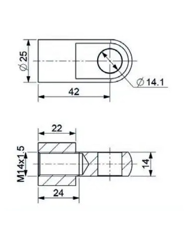 Mocowanie sprężyny gazowej z gwintem M14 ucho fi 14,1 mm, długość 42 mm | Mechanika Przemysłowa | Sklep Eshop Dopak