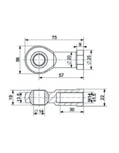 Mocowanie sprężyny gazowej z gwintem M14 ucho proste z przegubem, fi 14 mm, długość 57 mm | Mechanika Przemysłowa | Sklep Eshop 
