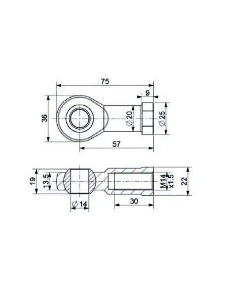 Mocowanie sprężyny gazowej z gwintem M14 ucho proste z przegubem, fi 14 mm, długość 57 mm | Mechanika Przemysłowa | Sklep Eshop 