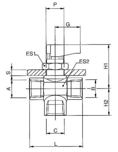 Zawór kulowy trójdrożny Ghilux mini G 1/4 GW, PN20 mosiądz niklowany kula typu L, montaż grodziowy | Hydraulika | Eshop Dopak | 