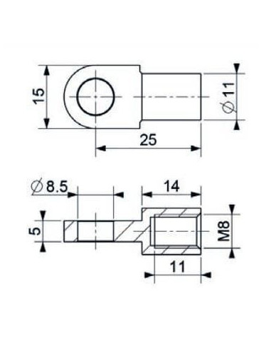 Mocowanie sprężyny gazowej z gwintem M8 ucho fi 8,5 mm, długość 25 mm | Mechanika Przemysłowa | Sklep Eshop Dopak