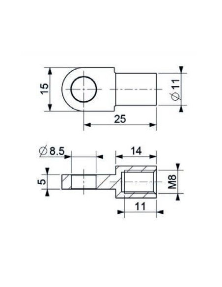 Mocowanie sprężyny gazowej z gwintem M8 ucho fi 8,5 mm, długość 25 mm | Mechanika Przemysłowa | Sklep Eshop Dopak