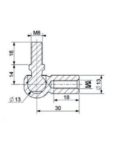 Mocowanie sprężyny gazowej z gwintem M6-M8 przegub kulowy, fi 13 mm, długość 30 mm, do 1200N