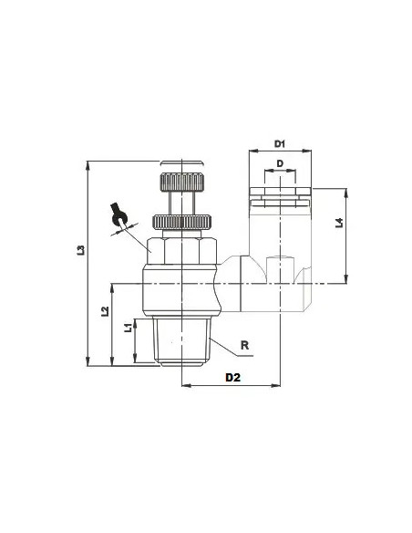 Zawór dławiąco-zwrotny wtykowy kątowy do siłownika R 1/4 GZ, do węża fi 6 mm, tworzywo sztuczne | Hydraulika | Eshop Dopak | Wsz