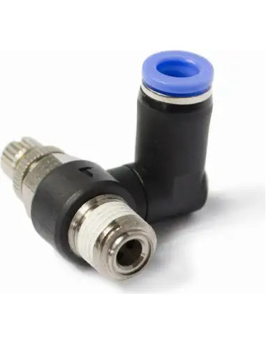 Zawór dławiąco-zwrotny wtykowy kątowy do siłownika R 1/4 GZ, do węża fi 8 mm, tworzywo sztuczne | Hydraulika | Eshop Dopak | Wsz
