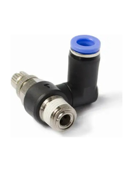 Zawór dławiąco-zwrotny wtykowy kątowy do siłownika R 1/4 GZ, do węża fi 8 mm, tworzywo sztuczne | Hydraulika | Eshop Dopak | Wsz