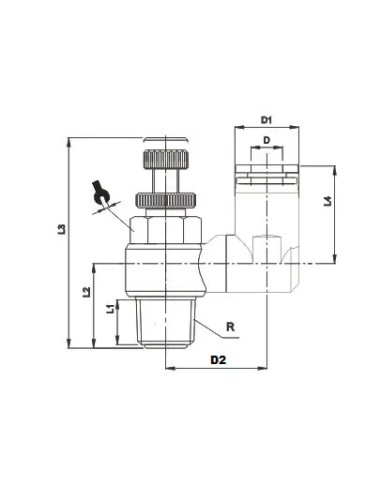 Zawór dławiąco-zwrotny wtykowy kątowy do siłownika R 1/4 GZ, do węża fi 8 mm, tworzywo sztuczne | Hydraulika | Eshop Dopak | Wsz