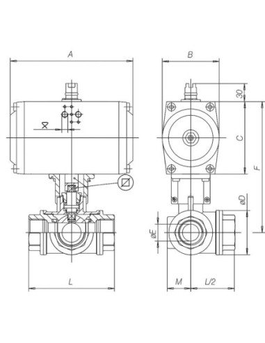Zawór kulowy trójdrożny TRIFLUX R 1 GW kula T PN40 z napędem pneumatycznym podwójnego działania | Hydraulika | Eshop Dopak | Wsz