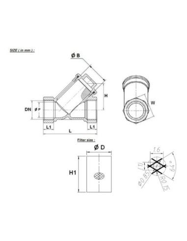 Filtr siatkowy mosieżny Y 3/8" PN16 siatka nierdzewna oczko 0,85mm PZH 206003