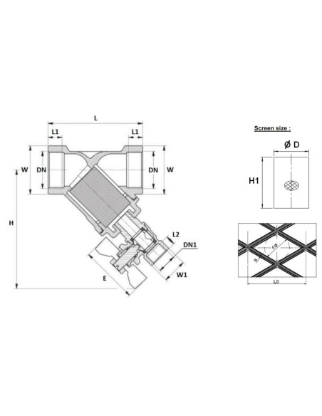 Filtr siatkowy z brązu Y 1" PN16 siatka nierdzewna oczko 0,3mm PZH ze spustem 210006