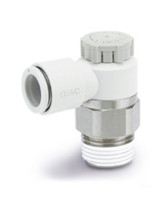 Zawór dławiąco-zwrotny wtykowy gwint M5x0.8, 10-32UNF pod wąż fi 6 mm kątowy SMC AS1211F-M5-06A