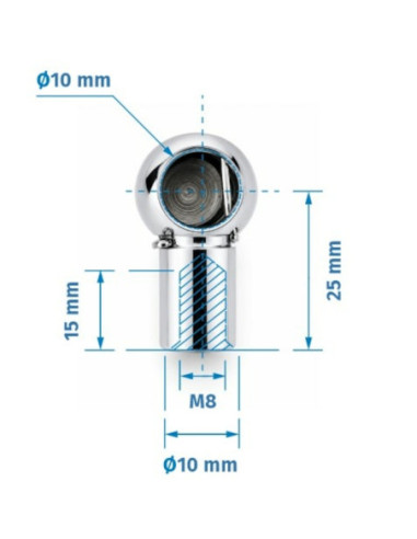 Mocowanie sprężyny gazowej z gwintem M8, gniazdo fi 10 mm, długość 25 mm, do 800N FG-1025M8