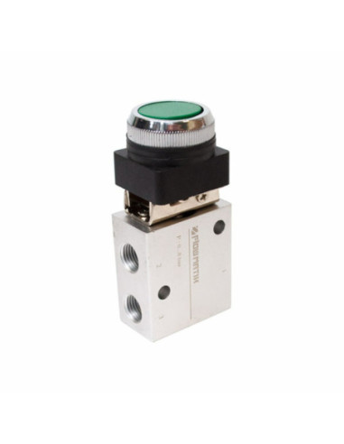 Zawór rozdzielający ręczny 3/2 G 1/4 NC monostabilny, z przyciskiem (zielony), Flowmatik FMZR 32 14 MBPG