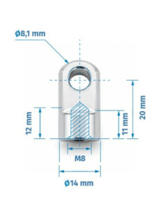 Mocowanie sprężyny gazowej z gwintem M8, ucho fi 8,1 mm, długość 20 mm FO-082010M8 2