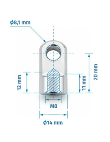 Mocowanie sprężyny gazowej z gwintem M8, ucho fi 8,1 mm, długość 20 mm FO-082010M8
