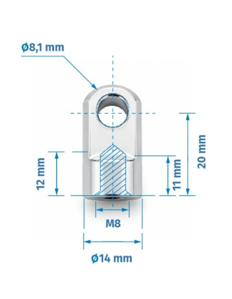 Mocowanie sprężyny gazowej z gwintem M8, ucho fi 8,1 mm, długość 20 mm FO-082010M8