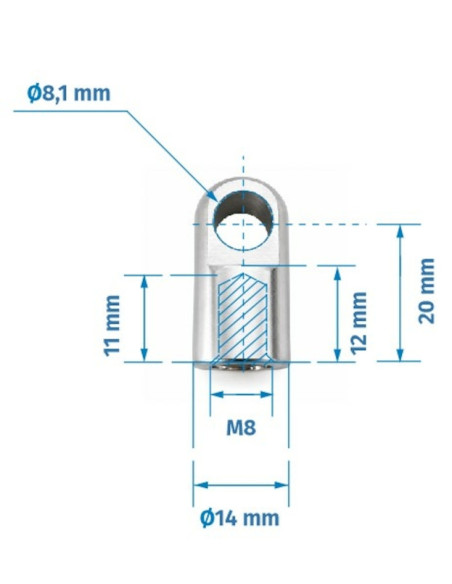 Mocowanie sprężyny gazowej z gwintem M8, INOX, ucho fi 8,1 mm, długość 20 mm FO-0820M8I