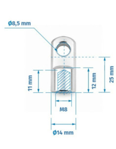 Mocowanie sprężyny gazowej z gwintem M8, ucho fi 8,5 mm, długość 25 mm FO-082510SM8 2