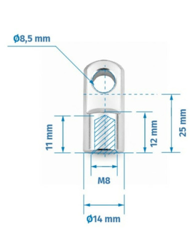 Mocowanie sprężyny gazowej z gwintem M8, ucho fi 8,5 mm, długość 25 mm FO-082510SM8
