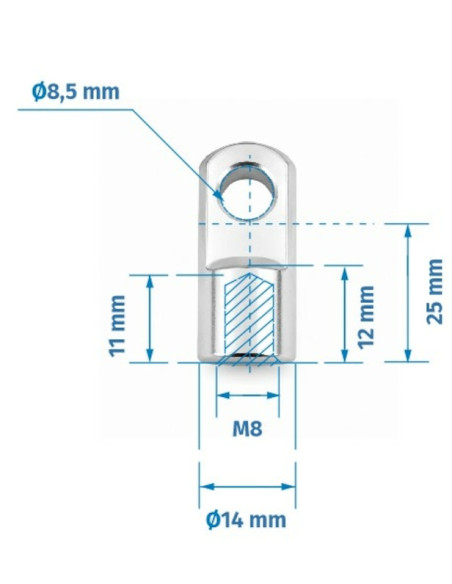 Mocowanie sprężyny gazowej z gwintem M8, ucho fi 8,5 mm, długość 25 mm FO-082510SM8