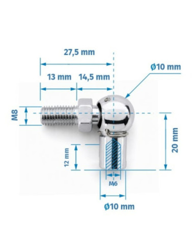 Mocowanie sprężyny gazowej z gwintem M6-M8, przegub kulowy, fi 10 mm, długość 20 mm, do 800N FP-1020M6M8