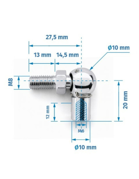 Mocowanie sprężyny gazowej z gwintem M6-M8, przegub kulowy, fi 10 mm, długość 20 mm, do 800N FP-1020M6M8