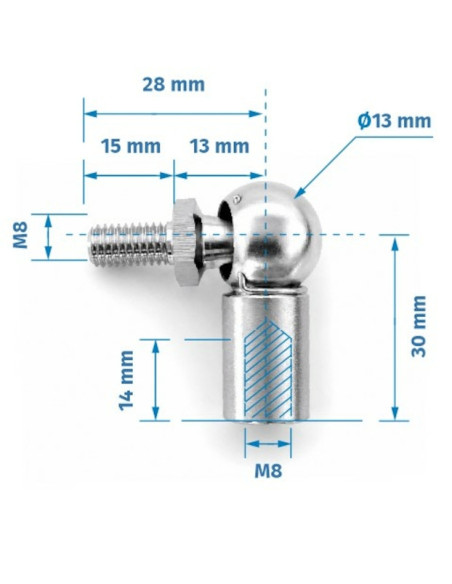 Mocowanie sprężyny gazowej z gwintem M8-M8, INOX, przegub kulowy, fi 13 mm, długość 30 mm, do 1200N FP-1330M8M8I