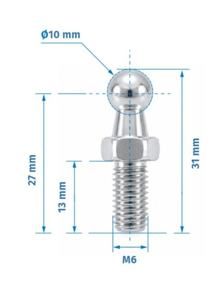 Mocowanie sprężyny gazowej z gwintem M6, trzpień do gniazda fi 10 mm, do 750N FT-10M6