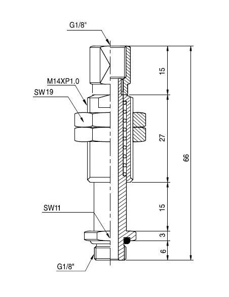 Kompensator poziomu, skok 15mm G1/8z. M14x1 dł. 66 L1815T