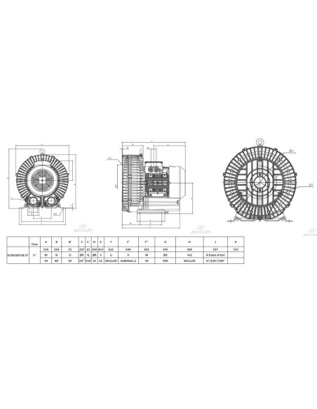 Dmuchawa bocznokanałowa 1050 m3/h, 18,5 kW, +475 mbar/-350 mbar, 400V SC901MF18.5T