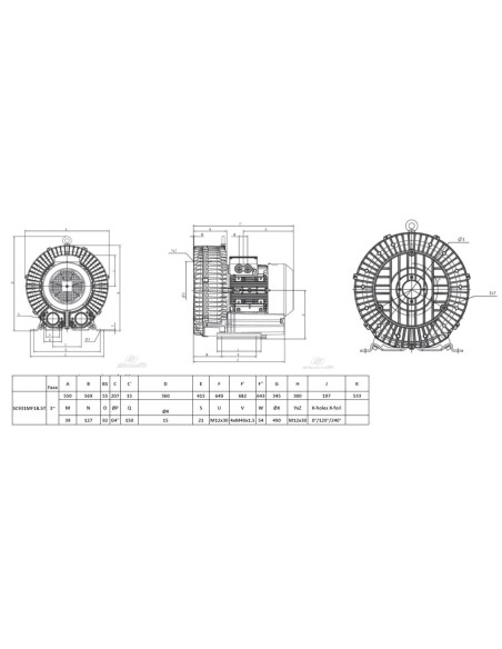 Dmuchawa bocznokanałowa 1350 m3/h, 18,5 kW, +300 mbar/-300 mbar, 400V SC931MF18.5T