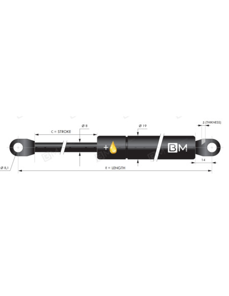 Hamulec olejowo-gazowy, 8/18, 0N ucho fi 8,1 mm, skok 250 mm, długość 585 mm ST A250D8NM + F1