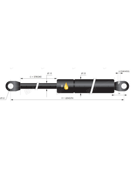 Hamulec olejowo-gazowy, 10/21, 0N ucho fi 8,1 mm, skok 350 mm, długość 785 mm ST A350D10NM + F1
