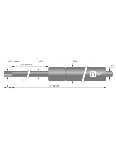 Sprężyna gazowa 8/18 M8 INOX 200N,skok 250, dł. 545 mm TV 250 200N V D8 I