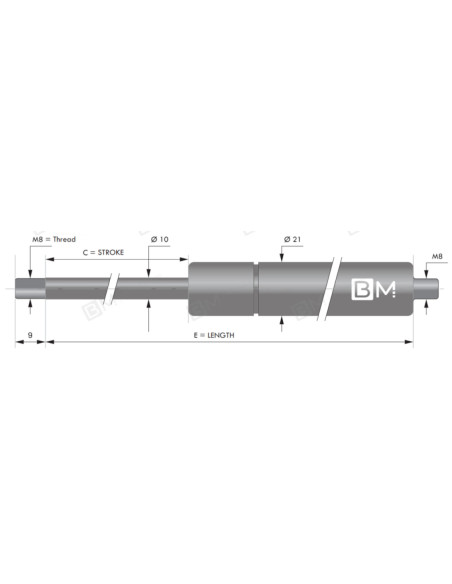 Sprężyna gazowa 10/21 M8 INOX 600N,skok 250, dł. 555 mm TV 250 600N V D10 I