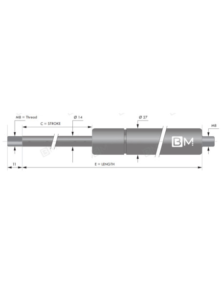 Sprężyna gazowa 14/28 M8 INOX 1200N,skok 400mm, dł. 855 mm TV 400 1200N V D14 I