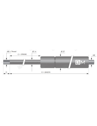 Sprężyna gazowa 14/28 M8 INOX 2000N,skok 400mm, dł. 855 mm TV 400 2000N V D14 I