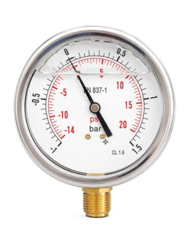 Wakuometr glicerynowy radialny -1/+1,5 bar, G 1/2, 100 mm W100R.GL002G12