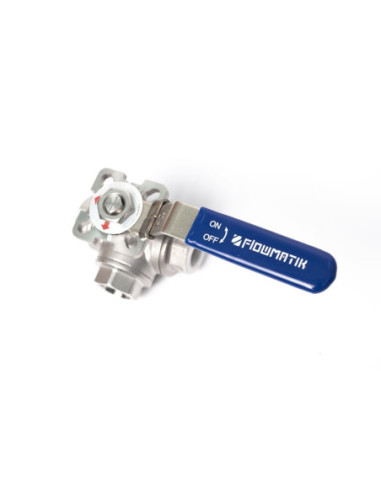 Zawór kulowy trójdrożny Flowmatik R 1/2 GW PN63 nierdzewny 316, kula L, z blokadą i płytą ISO5211 | Hydraulika | Eshop Dopak | W