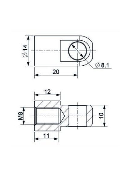 Mocowanie sprężyny gazowej z gwintem M8 ucho fi 8,1 mm, długość 20 mm | Mechanika Przemysłowa | Sklep Eshop Dopak