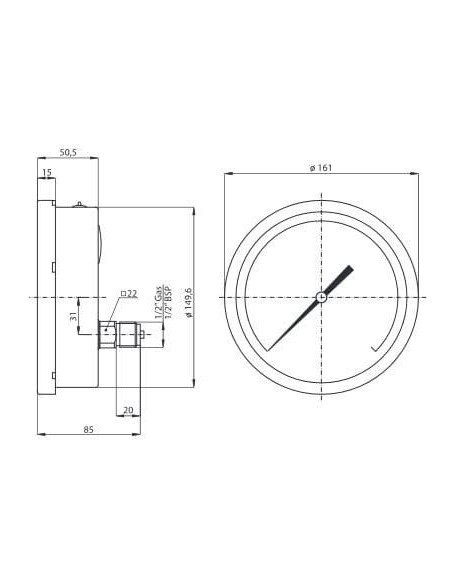 Manometr kwasoodporny G1/2TE, 150mm, 0-4bar | Przyrządy Pomiarowe | Eshop Dopak | Wszystko dla Przemysłu